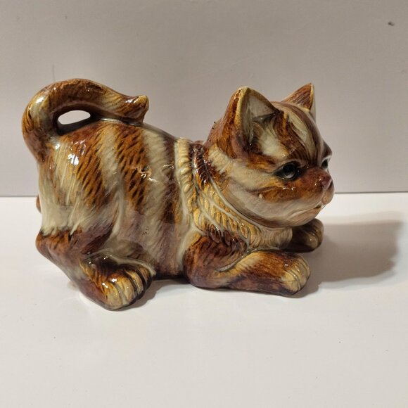 Vtg Ceramic Glazed Striped Cat Tan Brown Playful Laying Down Kitten 5" x 3" x 3" - Picture 1 of 10